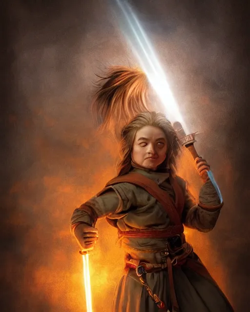 Image similar to full body portrait of a female halfling hobbit monk fistfighter, hallucinating a holy vision of her goddess of mist and light, flowing robes and leather armor, detailed dynamic light painting by albrecht anker