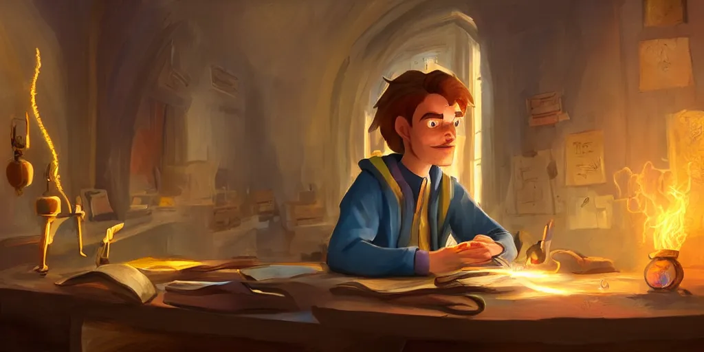 Prompt: a young caucasian male mage they are in a alchemy workshop working at there desk. colorful, light rays, medium shot, waist up, sharp, bloom, dramatic lighting, very detailed, by pixar, dreamworks and marvel