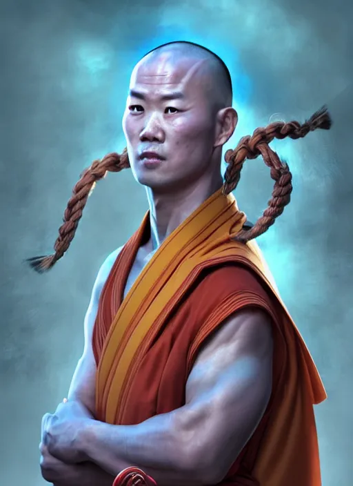 Image similar to male shaolin monk with a pigtail!!!! asian facial features and blue eyes!! intricate ornate blue robes!! character concept art, sharp focus, octane render! unreal engine 5! highly rendered!! trending on artstation!! detailed linework!! illustration by artgerm, wlop, and chie yoshii