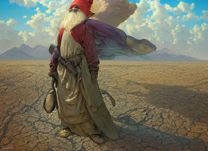 Image similar to a forgotten garden gnome surviving in a vast barren desert, hopeless wasteland background with a relentless raging sun overhead, hot, oppressive, an ultrafine detailed painting by stanley artgerm lau, greg rutkowski, thomas kindkade, alphonse mucha, loish, trending on deviantart, pop surrealism, whimsical, lowbrow, perfect symmetrical face