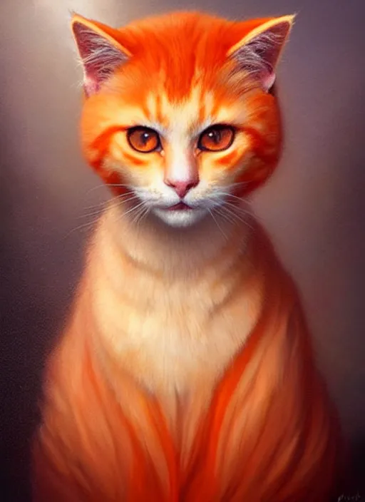 Image similar to a beautiful orange fluffy cat with baroque dress, painted by artgerm and tom bagshaw, fantasy art, dramatic lighting, highly detailed oil painting