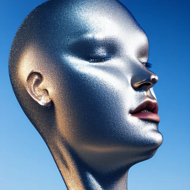 Prompt: portrait of metallic face, mercury, mirror reflections, smooth texture, liquid metal, proud, looking away, outdoor shot, blue sky, 8 k, realistic, depth of field, highly detailed, award winning photography