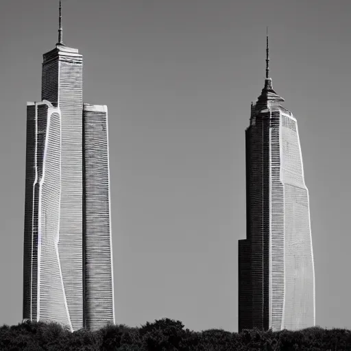 Image similar to sideways Twin Towers collapse horizontally in the cloudless Tuesday sky