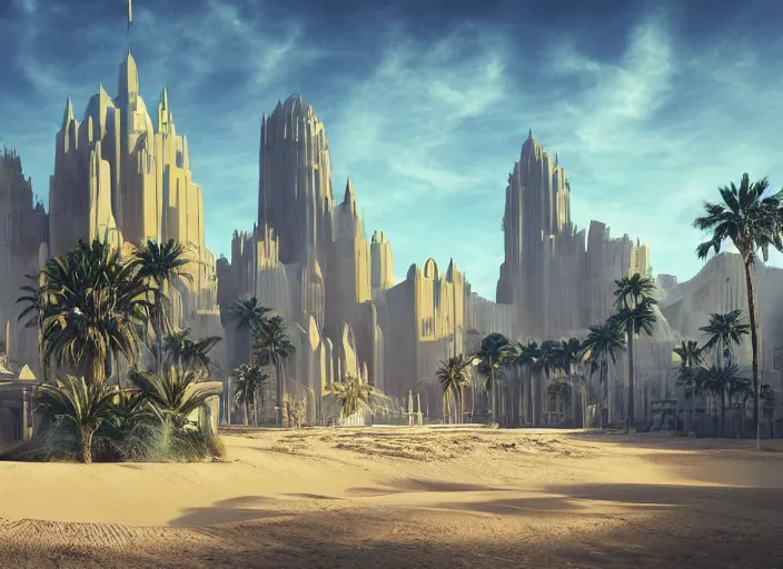 Prompt: cover concept art of the lost sand city, levitating sand, golden towers, golden pillars, palm trees, space and time, floating objects, post-processing, in the style of Hugh Ferriss, Behance, Artgerm. High detail, ultra realistic render, octane, 3D, photorealism, symmetric, cinematic from the umbrella academy