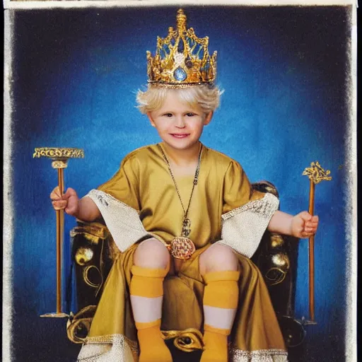 Prompt: cute blond boy wearing a crown and sitting on an ornate throne holding a jeweled scepter.