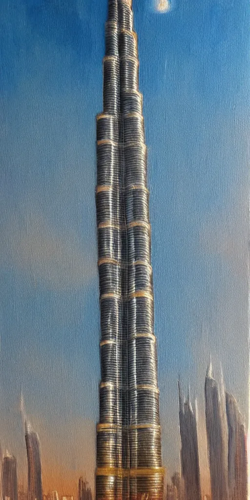 Image similar to The Burj Khalifa, Dubai, oil painting in the style of Bob Ross, high detail