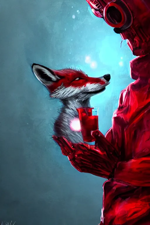 Image similar to a humanoid fox wearing scientist's clothes holding a red chemical, digital painting, masterpiece, digital art, high quality, highly detailed, concept art, trending on deviantart, high coherence, anatomically correct, five fingers, cinematic, high definition, path traced, laboratory background