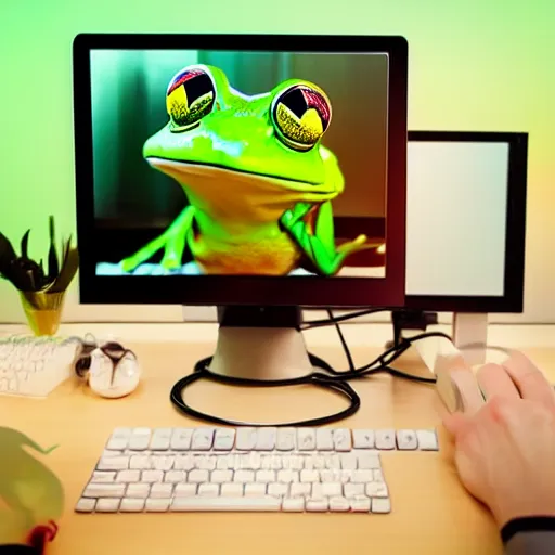 Image similar to frog sitting behind a computer doing a livestream the room is lit by disco lights, photorealistic