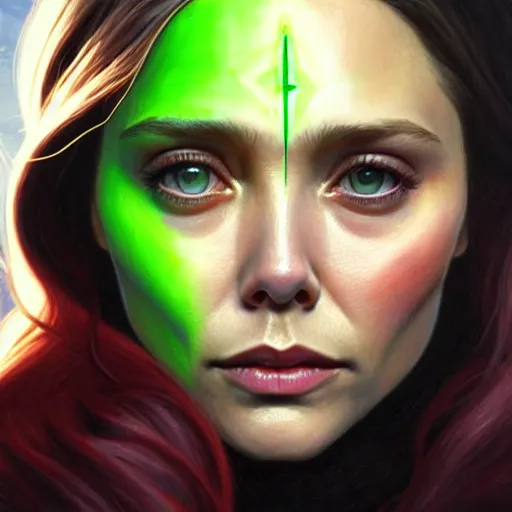 Image similar to portrait painting of elizabeth olsen wanda maximoff with green skin and pointy ears wearing sci - fi clothes, ultra realistic, concept art, intricate details, eerie, highly detailed, photorealistic, octane render, 8 k, unreal engine. art by artgerm and greg rutkowski and charlie bowater and magali villeneuve and alphonse mucha