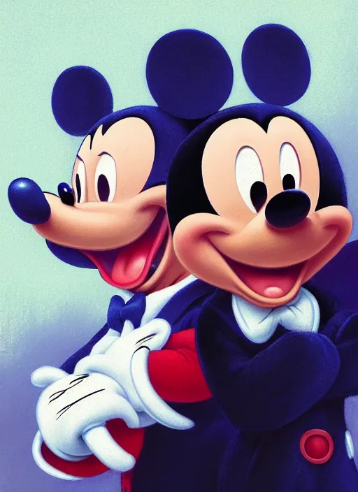 Prompt: A beautiful portrait of Mickey Mouse and Donald Trump, digital art by Eugene de Blaas and Ross Tran, vibrant color scheme, highly detailed, in the style of romanticism, cinematic, artstation, Greg rutkowski