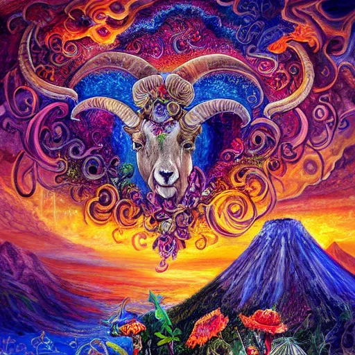 Image similar to painting by josephine wall, horned ram goddess, checking her cell phone, erupting volcano in distance, sunset, flowers in foreground, zodiac, fantasy acrylic on canvas, intricately detailed, highly detailed, high resolution, hdr, 8 k, by senior concept artist, trending on artstation