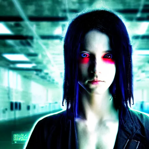 Prompt: A hacker in the style of Matrix, grungy, unkept hair, glowing eyes, modelsociety, radiant skin, huge anime eyes, RTX on, perfect face, directed gaze, intricate, Sony a7R IV, symmetric balance, polarizing filter, Photolab, Lightroom, 4K, Dolby Vision, Photography Award