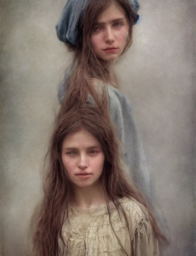 Image similar to shy and modest peasant girl long hair portrait, cottage core, cinematic focus, polaroid photo bleached vintage pastel colors high - key lighting, soft lights, foggy, by steve hanks, by lisa yuskavage, by serov valentin, by tarkovsky, 8 k render, detailed, oil on canvas