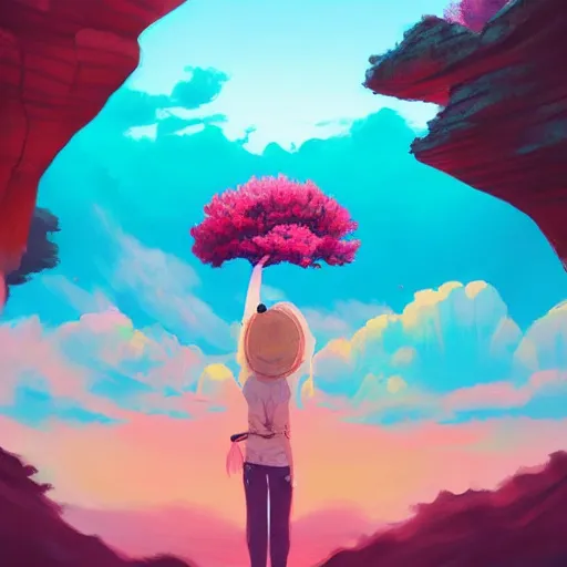 Image similar to giant cherry blossom as a head, girl hiking in a canyon, surreal photography, sunrise, dramatic light, impressionist painting, colorful clouds, digital painting, artstation, simon stalenhag