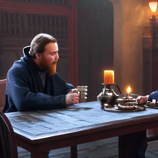 Image similar to Obi Wan sits at a table with Darth Vader and Drinks tea. Screenshot from Movie, Movie Still, 8k, High Resolution, Highly Detailed