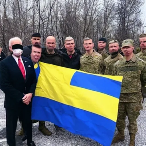 Prompt: Joe Biden is with the azov battalion in Ukraine War holding a ukrainian flag