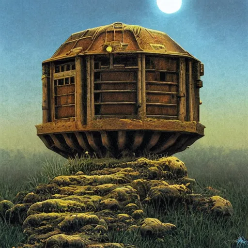 Image similar to pillbox paragonpunk fortress half-sunk in a radioactive Swamp, by Colleen Doran and by Angus McBride and by Ted Nasmith, low angle dimetric rendering, centered, 1-point perspective