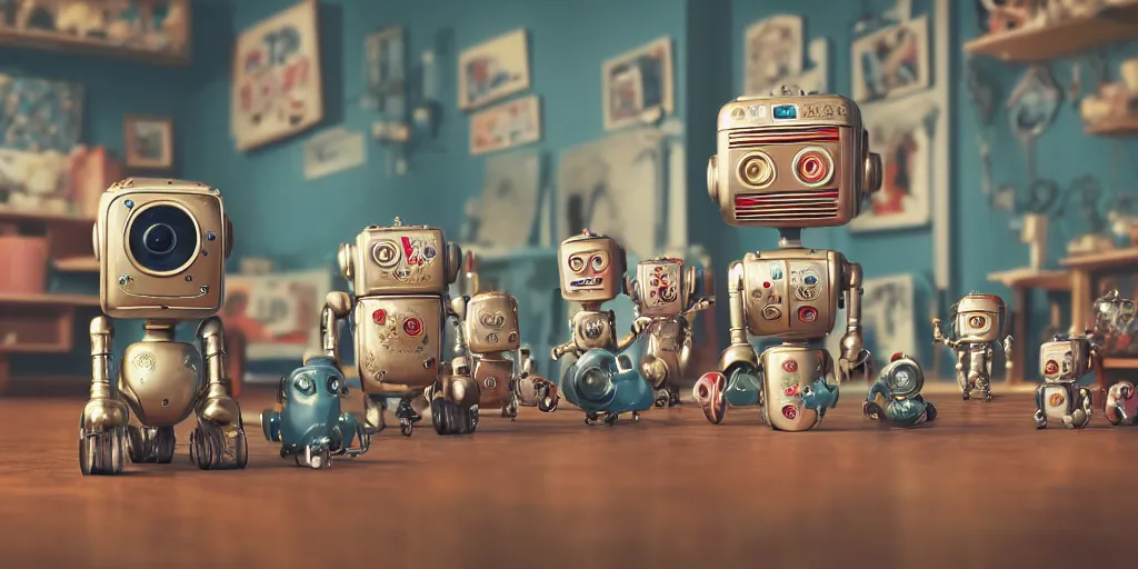 Image similar to closeup portrait of tin toy retro living room of robot family, depth of field, zeiss lens, detailed, centered, fashion photoshoot, by nicoletta ceccoli, mark ryden, lostfish, breathtaking, 8 k resolution, extremely detailed, beautiful, establishing shot, artistic, hyperrealistic, octane render, - h 8 0 4