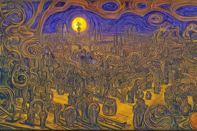 Prompt: lovecraftian antikythera city, ancient babylonian, sumerian dream festival, japanese lantern festival, oil painting by edvard munch, mc escher, stanislaw beksinski, makoto shinkai, jim woodring, aldemir martins, nicholas roerich, van gogh