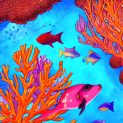 Prompt: coral underwater colorful, fantasy, intricate, highly detailed, little fish and sea life digital painting, hd, trending on artstation, illustration, fine lines, sharp edges, colourful,
