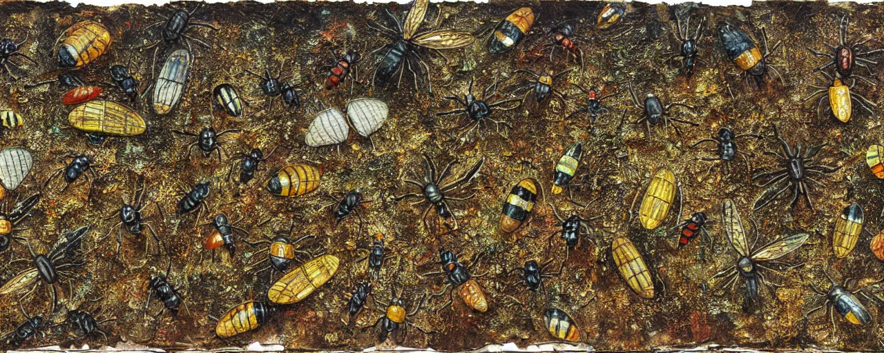 Image similar to strange giant insects, beetles and flies, swarming in a cornfield, oil painting by max ernst and anselm kiefer, decay, mixed media, textured, sharp focus, highly detailed, photographic emulsion cracked and peeling, rust, cinematic lighting, 8 k, hd