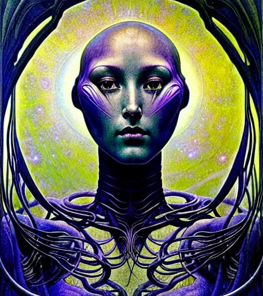 Image similar to detailed realistic beautiful young cher alien robot as queen of andromeda galaxy portrait by jean delville, gustave dore and marco mazzoni, art nouveau, symbolist, visionary, baroque, giant fractal details. horizontal symmetry by zdzisław beksinski, iris van herpen, raymond swanland and alphonse mucha. highly detailed, hyper - real, beautiful