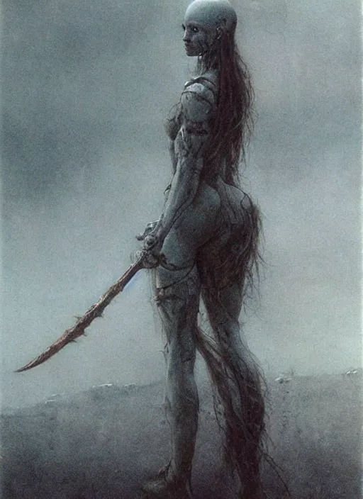 Image similar to bald barbarian girl by Beksinski and Luis Royo