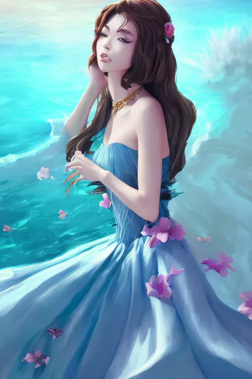 Image similar to a beautiful fashion goddness of love, chic strapless dress, tropical sea background, character design, in the style of artgerm, and wlop, cinematic lighting, hyperdetailed, 8 k realistic, symmetrical, global illumination, radiant light, frostbite 3 engine, cryengine, dof, trending on artstation, digital art