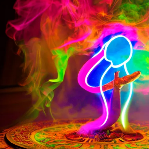 Prompt: magic lamp emitting colored smoke in the shape of genie girl