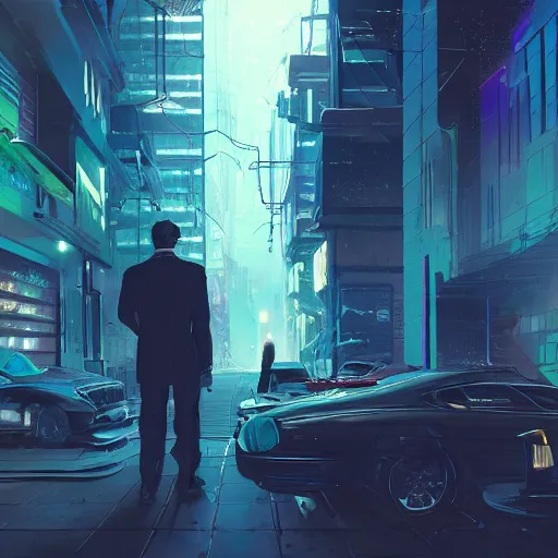 Image similar to two cyberpunk businessmen, detailed digital illustration by greg rutkowski, cyberpunk back alley, nighttime, colorful lighting