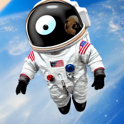 Image similar to cute astronaut penguin, helmet on, floating on space, disney style, 8 k