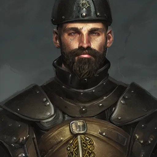 Prompt: Closeup of frustrated male medieval sergeant with a {short} beard wearing a black!!!! and yellow tabard over a steel breastplate and a black gambeson hair visible, intricate, dramatic lighting, illustration by Greg Rutkowski, ArtStation, digital art, fantasy