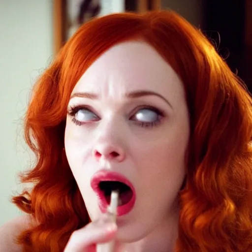 Image similar to amazing beautiful Christina Hendricks with mouth wide open in the living room, film still from the movie directed by Denis Villeneuve , wide lens