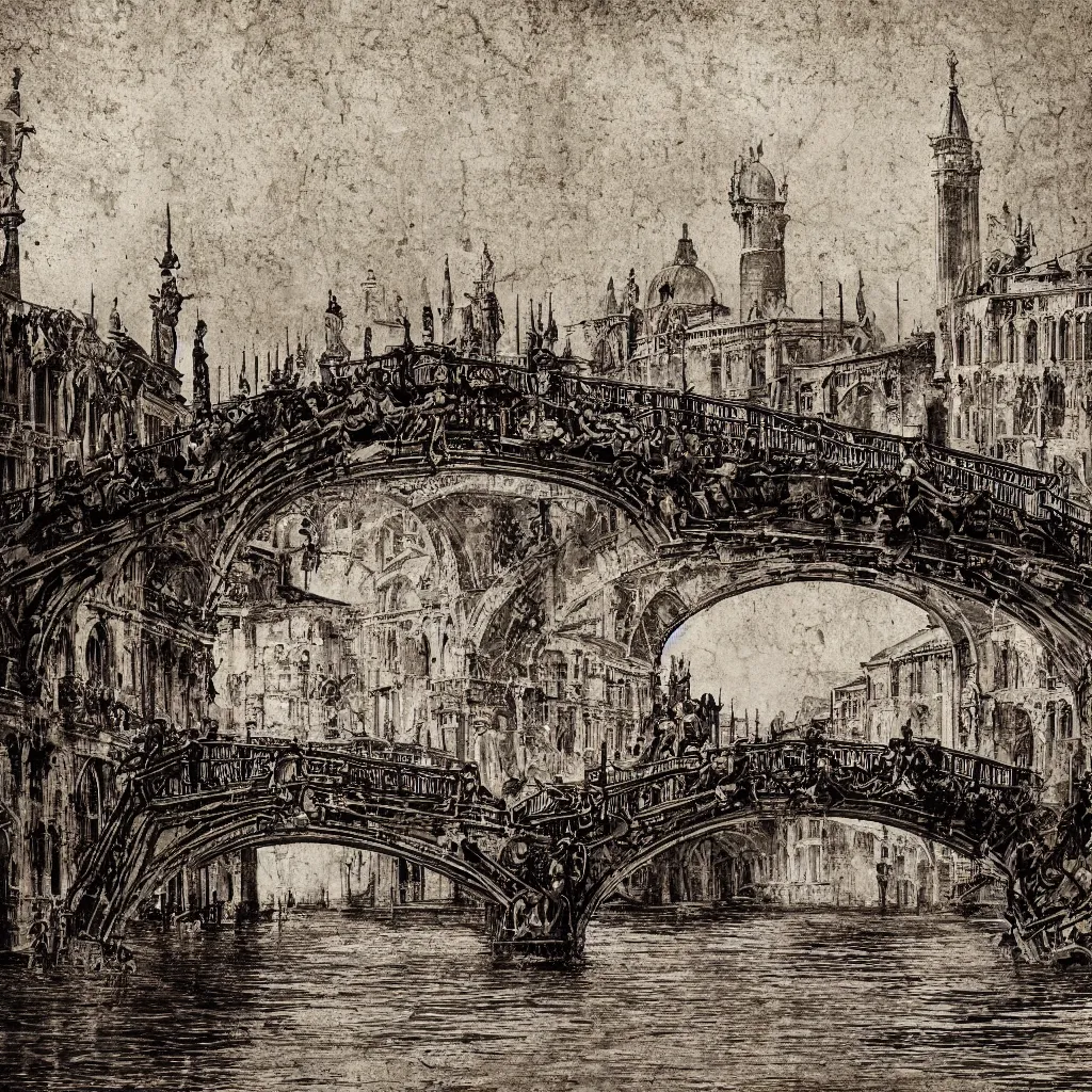 Prompt: oniric dream of the bridges of venice by piranesi, historic, ancient venice, composition, cinematic, rule, grid