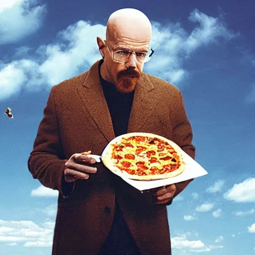 Prompt: low quality photo of heisenberg eating pizza in the sky