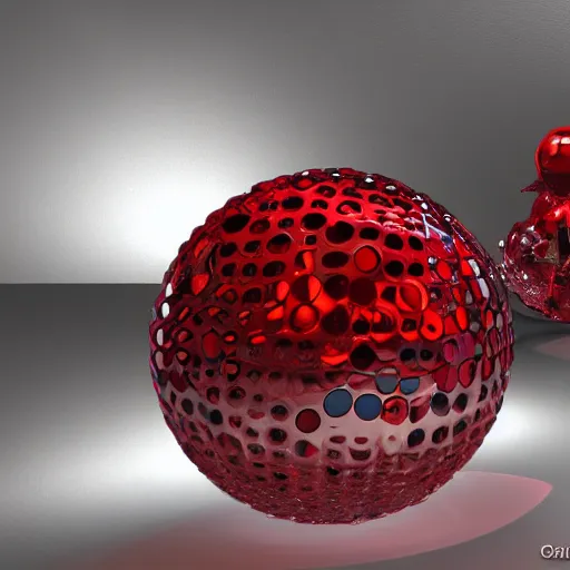 Prompt: chrome spheres on a red cube by pilotredsun