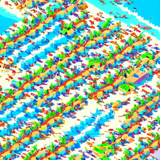 Image similar to aerial view of a busy beach on a sunny day, pixel art