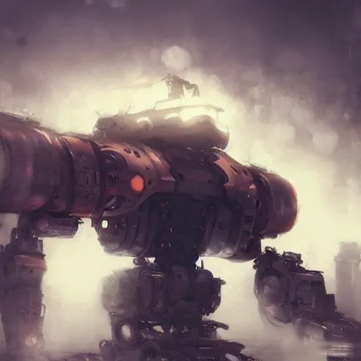 Image similar to gigantic steampunk mecha, industrial machine, colored light beams, dense fog, trending on artstation, jakub rozalski