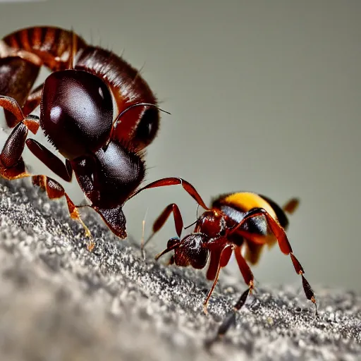 Prompt: macro photo of ants fighting and jumping around bees.
