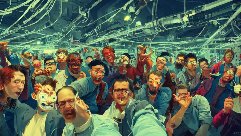 Prompt: selfie of a tight group of happy drunken hackers at a party in a highly detailed server room with computers everywhere and wires, nerds, in a scifi movie, vivid colors, by jamie hewlett, nuri iyem, james gurney, james jean, greg rutkowski, anato finnstark. hyper detailed, wide angle, perfect faces