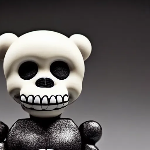 Image similar to a smiling off-white colored cheburashka skeleton shiny porcelain figurine sitting in front of a neutral background, 4k, high definition, detailed product shot, kaws, Jeff koons”