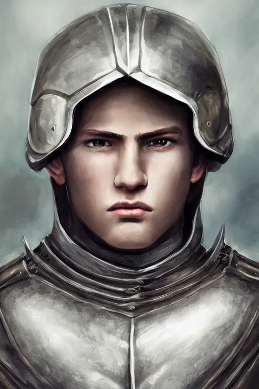 Image similar to a blonde male teenager wearing a silver plate armor, digital painting, digital art, oil painting, masterpiece, realistic and detailed face, profile picture, realistic, highly detailed, high quality, symmetrical, low contrast, trending on deviantart, soft colors, soft lighting, face portrait, beautiful, elegant, castle in the background, bokeh, artgem style