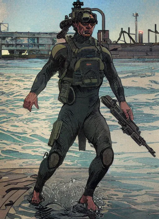 Prompt: Hector. USN blackops operator emerging from water at the shoreline. Agent wearing Futuristic wetsuit and looking at an abandoned shipyard. rb6s, MGS, and splinter cell Concept art by James Gurney, Alphonso Mucha. Vivid color scheme.