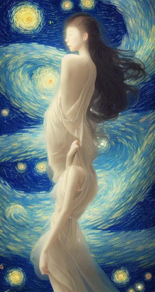 Prompt: breathtaking delicate detailed concept art painting beauty hugs girls with starry night inside, by hsiao - ron cheng, bizarre compositions, exquisite detail, single, one person, pastel colors, 8 k