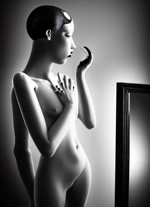 Image similar to surreal mythical dreamy dark artistic black and white fine art fashion portrait photo of a young beautiful delicate female metropolis robot kissing her mirror reflection, spiritual, halo, glory, rim light, cinematic, studio dramatic light, poetic, masterpiece, octane render, 8 k, photo - realistic by dora maar man ray