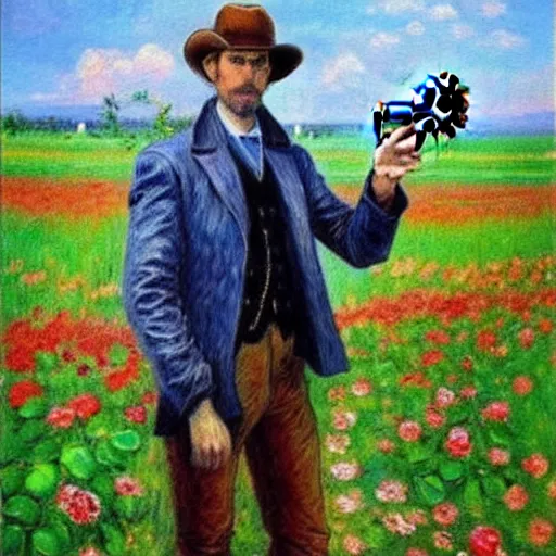 Image similar to an impressionist painting of a tall man with blue eyes and brown hair that is wearing a wide brim leather hat and a leather vest. He is holding a revolver in his left hand and a ((((red rose is in his right hand))))!!!!!!!!!!!, He is standing in a field of roses, Blue sky in the background, trending on artstation