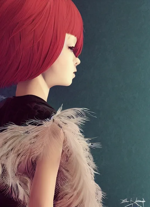 Prompt: little girl with an eccentric haircut wearing an dress made of feathers, artwork made by ilya kuvshinov, full character