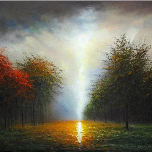 Prompt: rain from the heavens, majestic painting, oil canvas painting, museum art