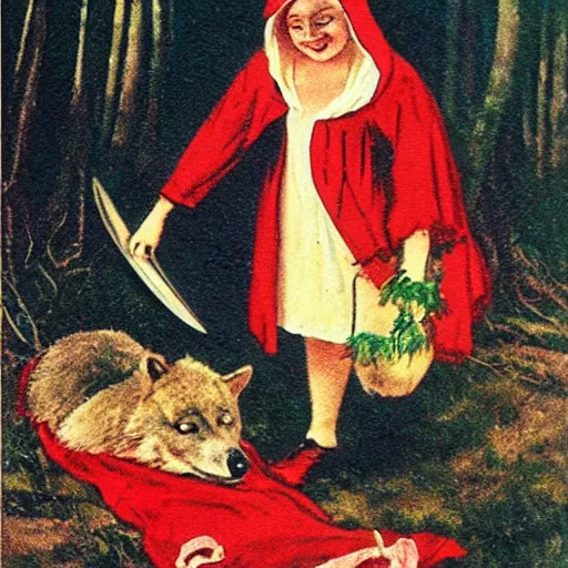 Image similar to little red riding hood smiling as she stands over a dead wolf with a bloody knife, vintage Halloween postcard