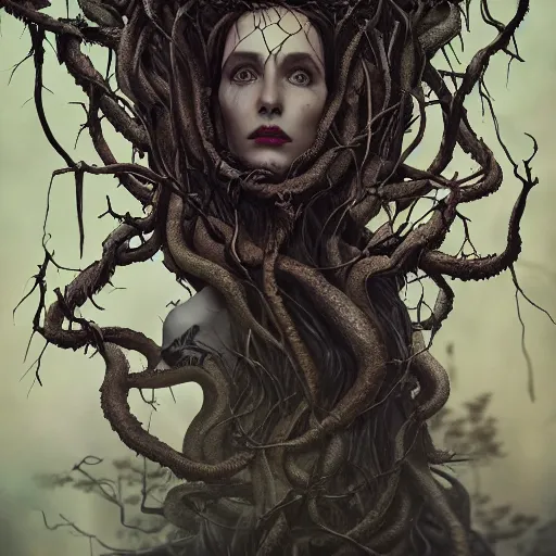 Image similar to dramatic portrait of the dark queen of snakes, wearing a crown of thorned vines, blue skin, realism, dark fantasy illustration, surrounded by dead forest, dynamic lighting, detailed textures, octane render, artstation